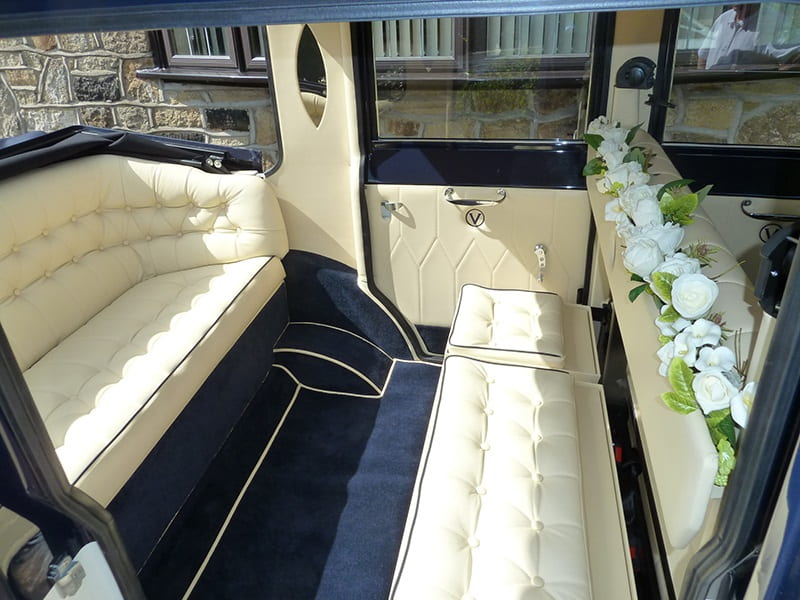 Interior of our Viscount wedding car showing the folding rear seat